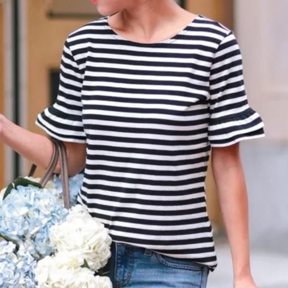 J. Crew Black and White Striped Ruffled Sleeves Top XS